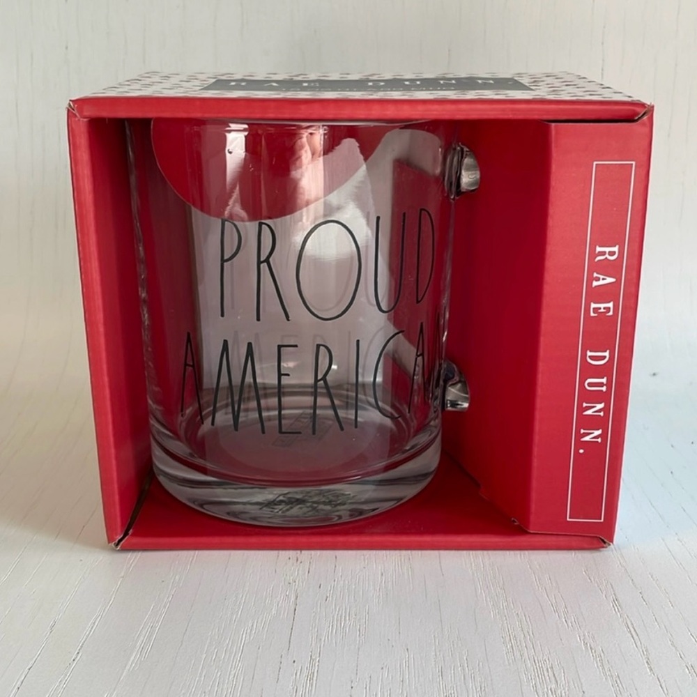 Rae Dunn ‘Proud American’ Clear Glass Mug, NIB